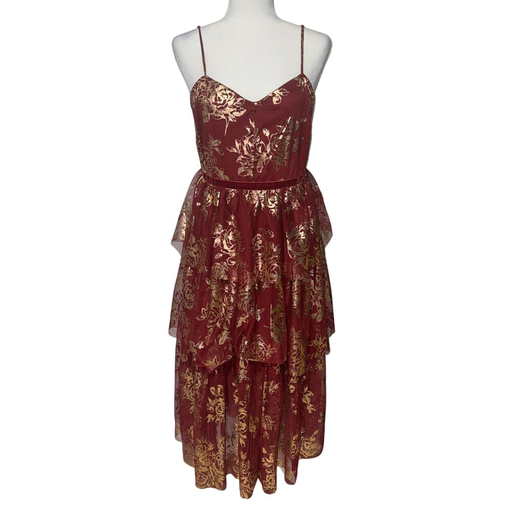 Badgley Mischka Womens 14 Dress Tiered Floral Foil Fairy Whimsigoth Formal Hoco